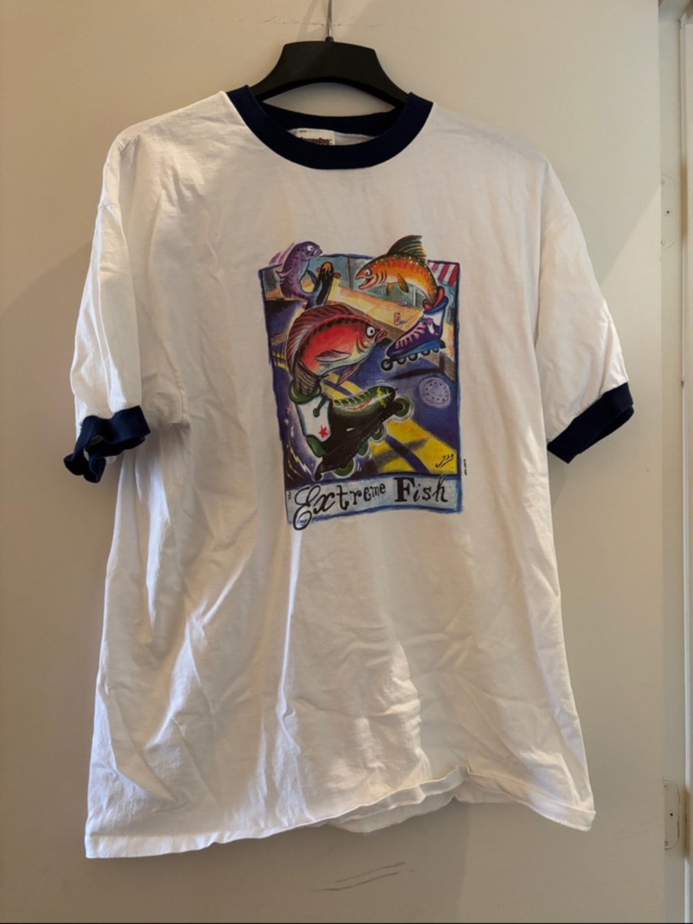 Vintage Men’s 1987 White Ringer Tee with Navy Trim and Colorful Fish Graphic